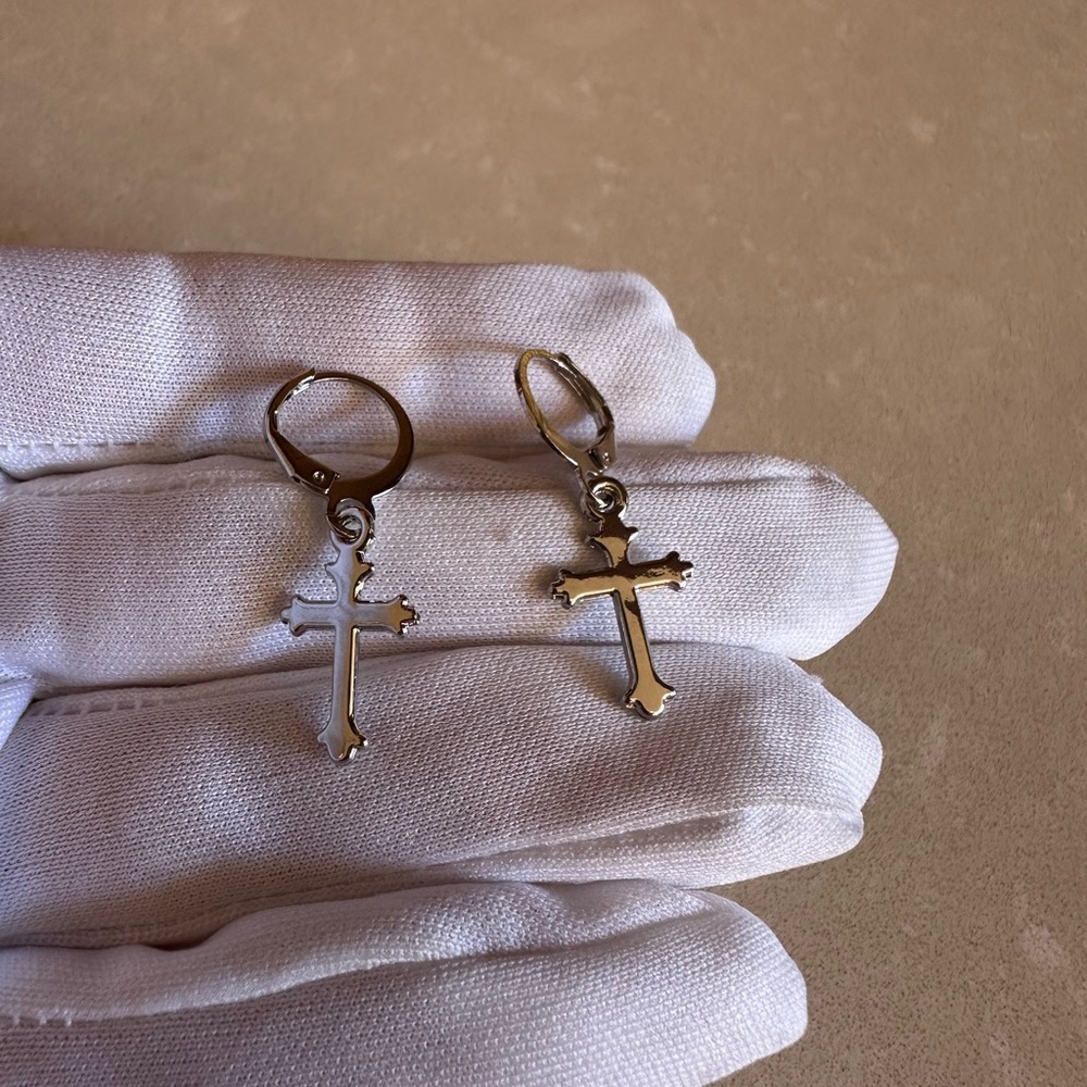 Silver Cross Dangle Hanging Earrings- modern design